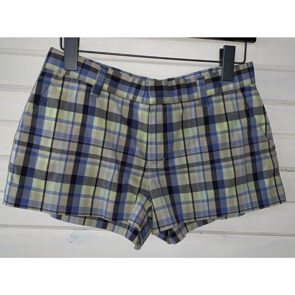 AMERICAN EAGLE Sz 4 Stretch Cotton Plaid Madras Shorts Blue Green Khaki EUC
